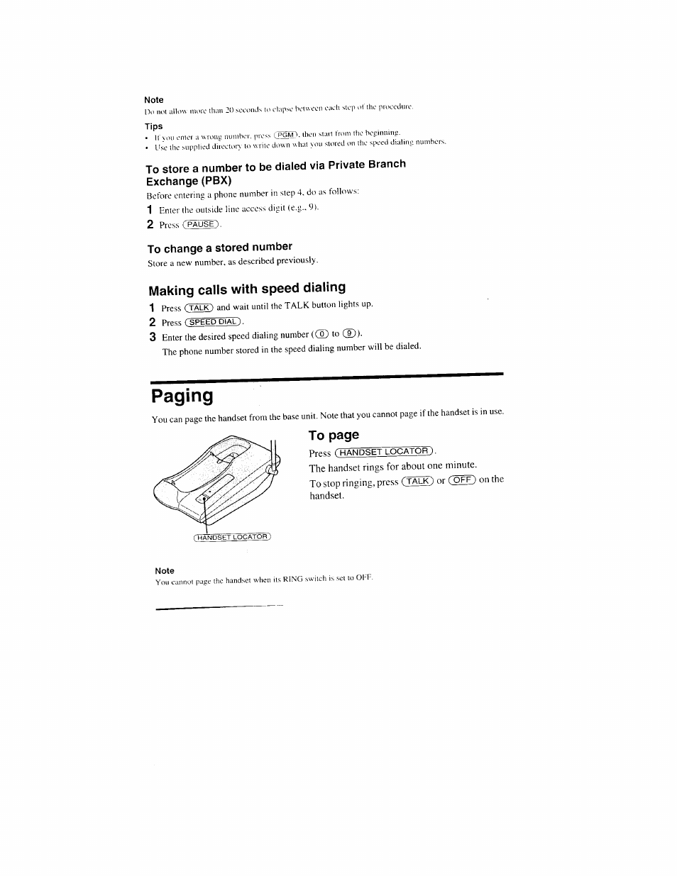 Note, Tips, To change a stored number | Making calls with speed dialing, Paging, Pause), Making calls with speed dialing 1, Talk), Speed dial). 3 | Sony SPP-S9000 User Manual | Page 12 / 29