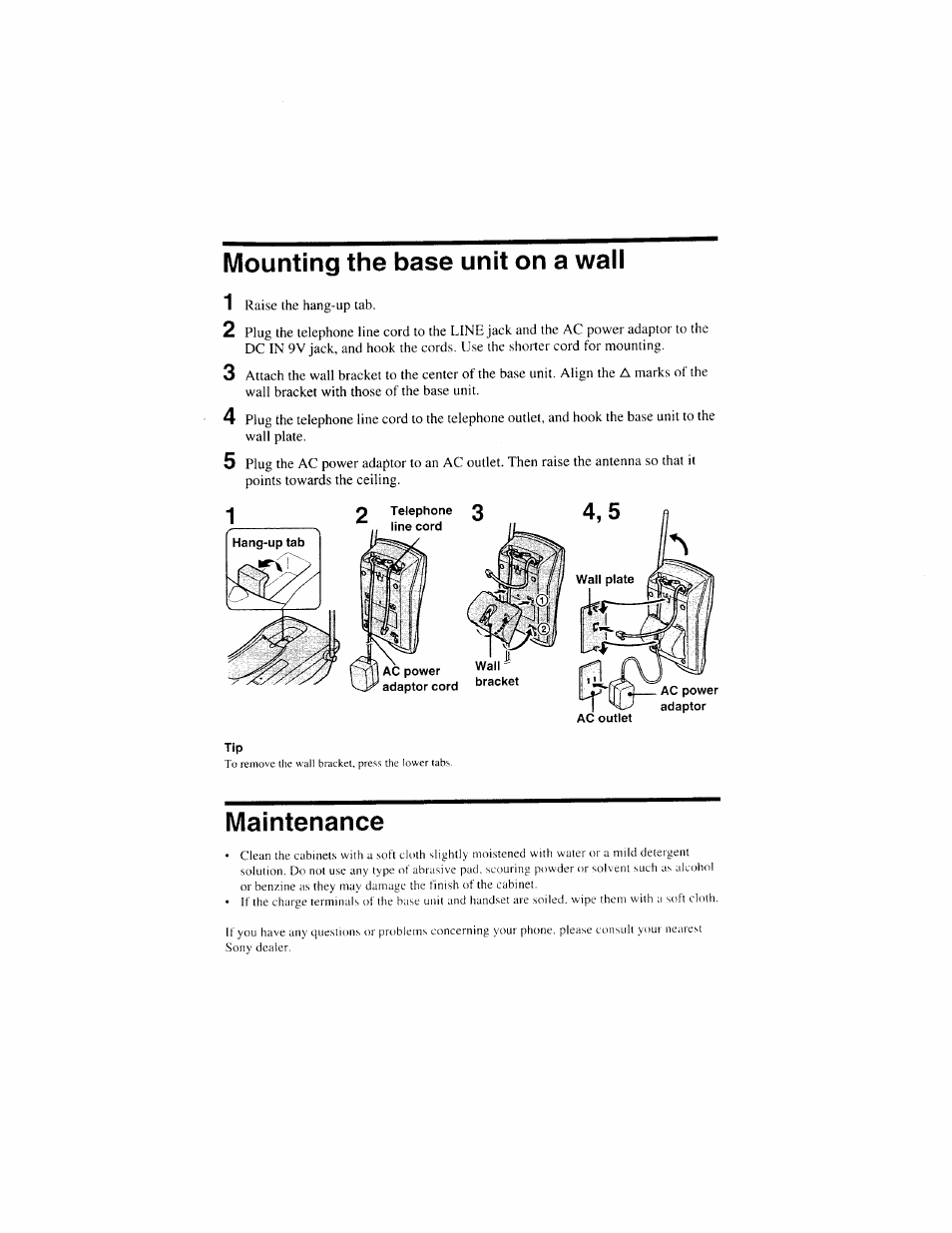 Mounting the base unit on a wall, Maintenance | Sony SPP-S9000 User Manual | Page 13 / 29