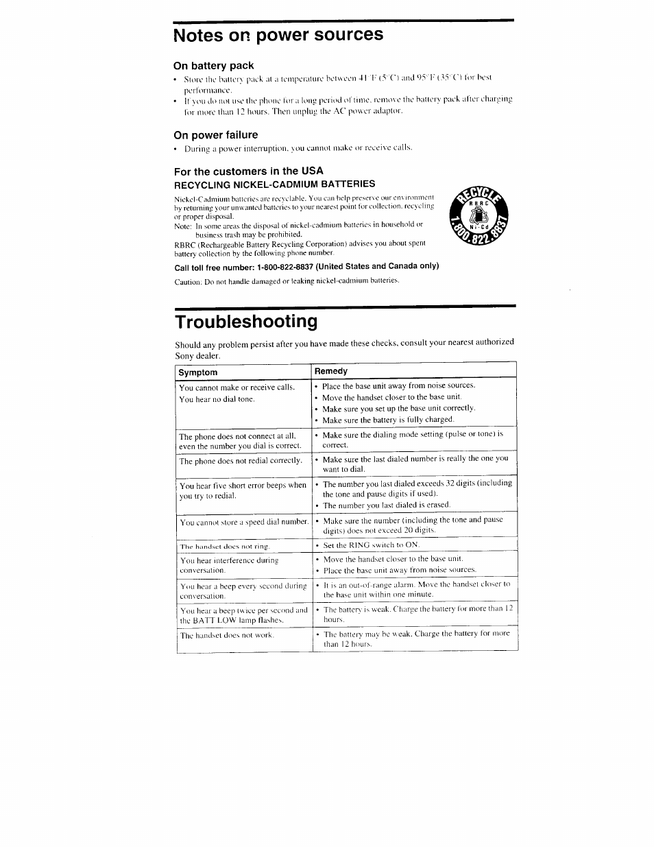 On battery pack, On power failure, For the customers in the usa | Recycling nickel-cadmium batteries, Troubleshooting | Sony SPP-S9000 User Manual | Page 14 / 29