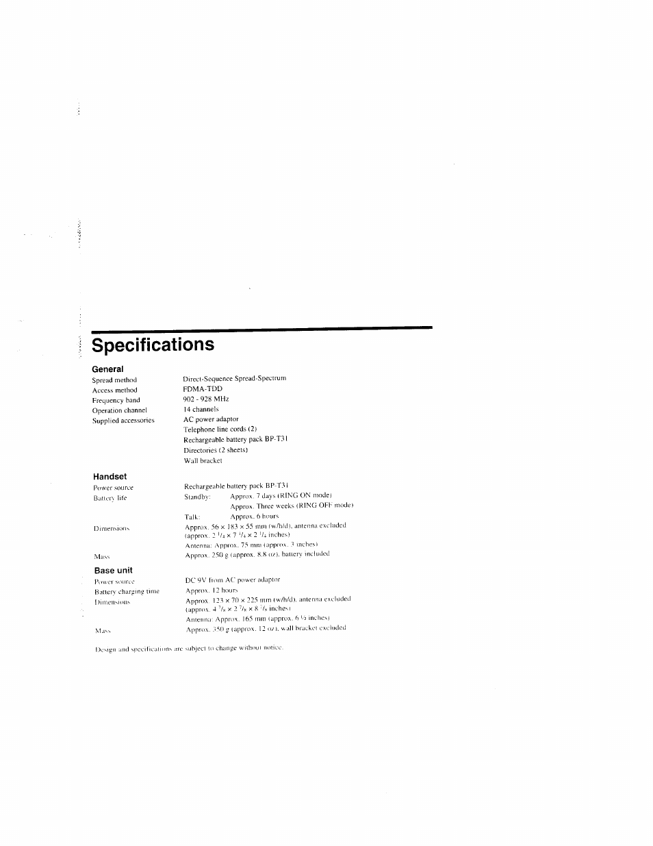 General, Handset, Base unit | Specifications | Sony SPP-S9000 User Manual | Page 15 / 29