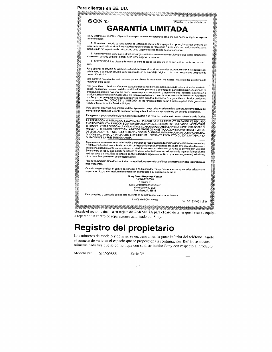 Para clientes en ее. uu, Registro del propietario, Garantia limitada | Modelo n" spp-s9000 serie n | Sony SPP-S9000 User Manual | Page 16 / 29