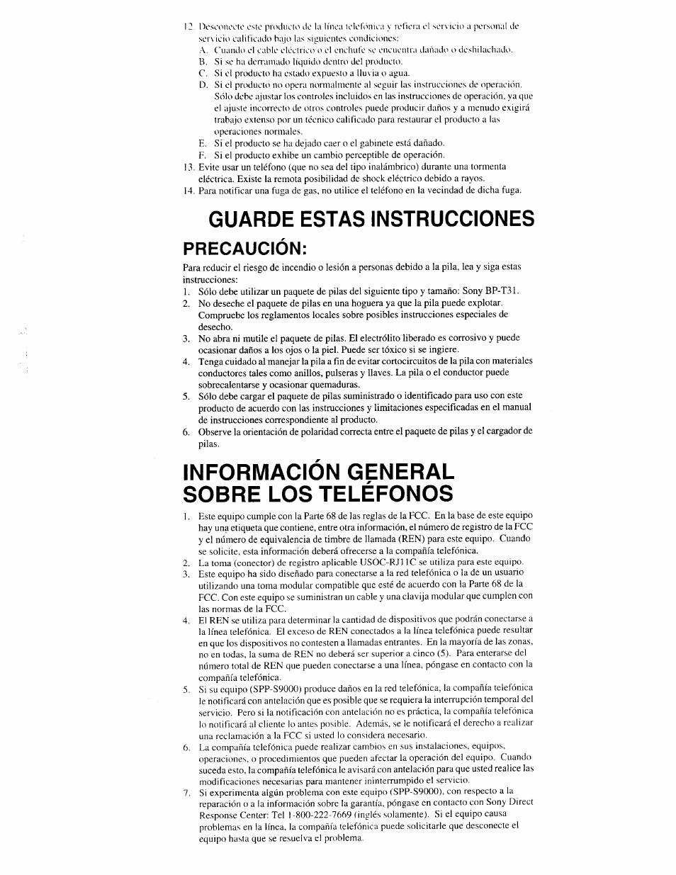 Informacion general sobre los teléfonos, Guarde estas instrucciones precaución | Sony SPP-S9000 User Manual | Page 18 / 29