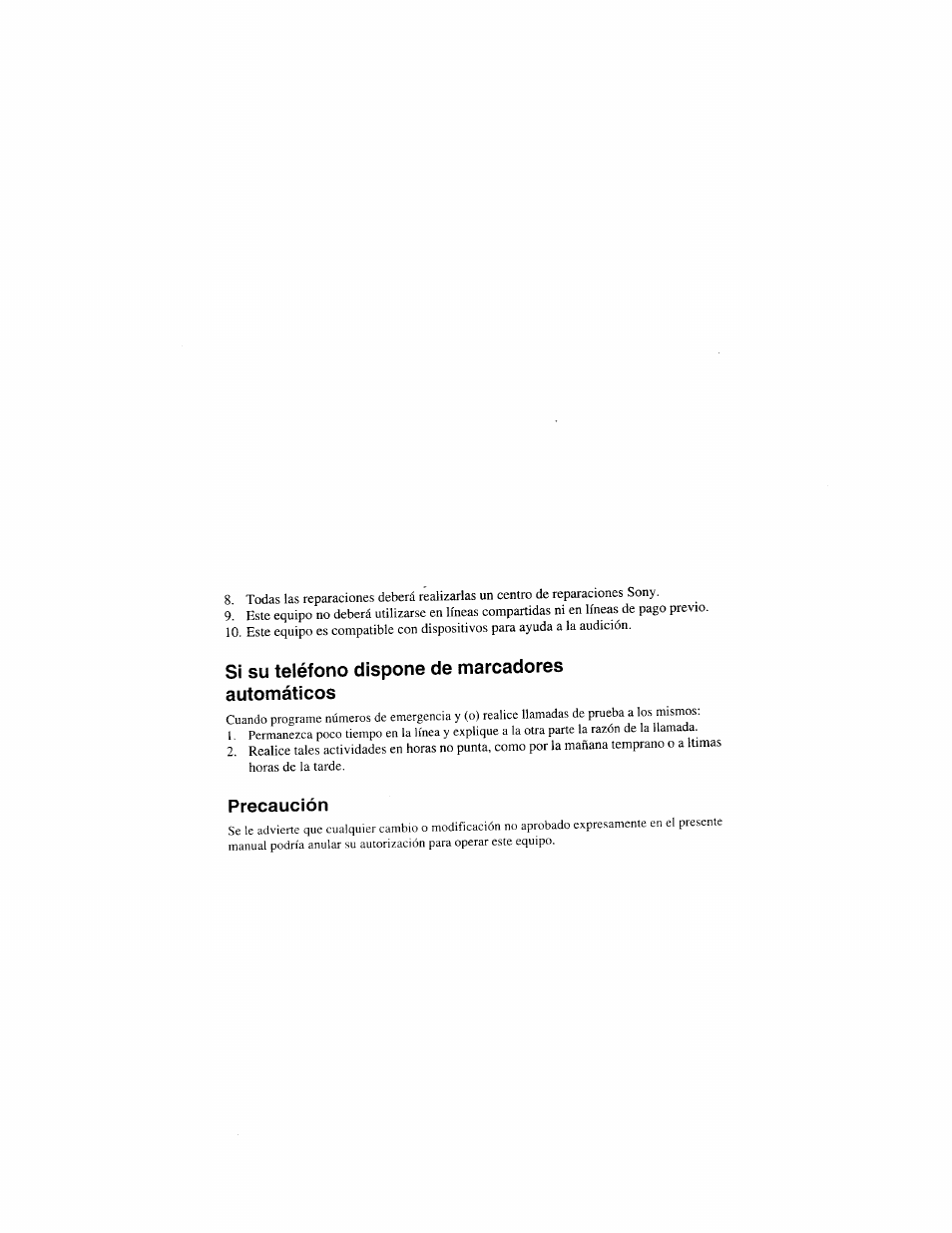 Si su teléfono dispone de marcadores automáticos, Precaución | Sony SPP-S9000 User Manual | Page 19 / 29