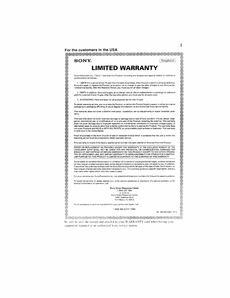 For the customers in the usa, Limited warranty | Sony SPP-S9000 User Manual | Page 2 / 29