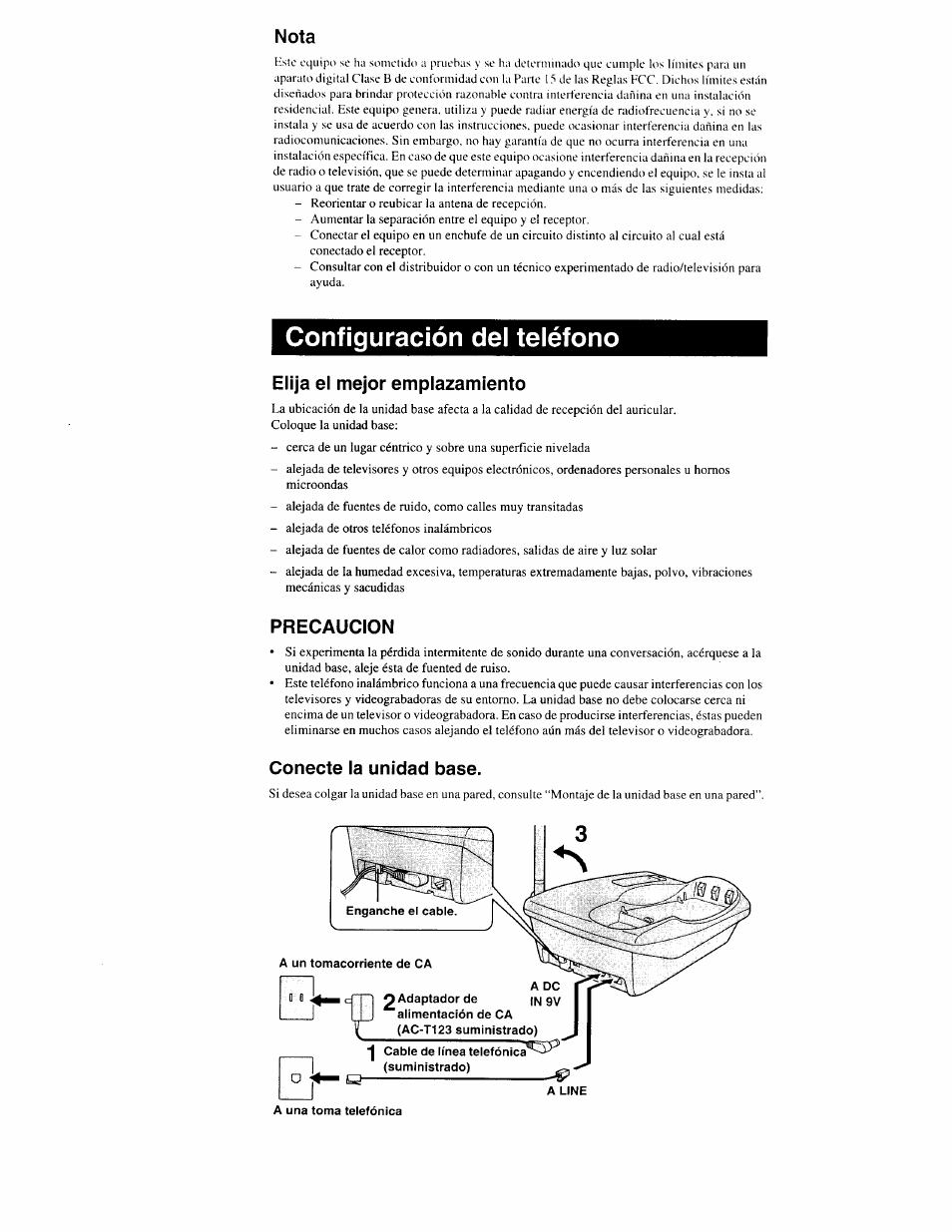 Nota, Elija el mejor emplazamiento, Precaucion | Conecte la unidad base, Configuración del teléfono | Sony SPP-S9000 User Manual | Page 20 / 29