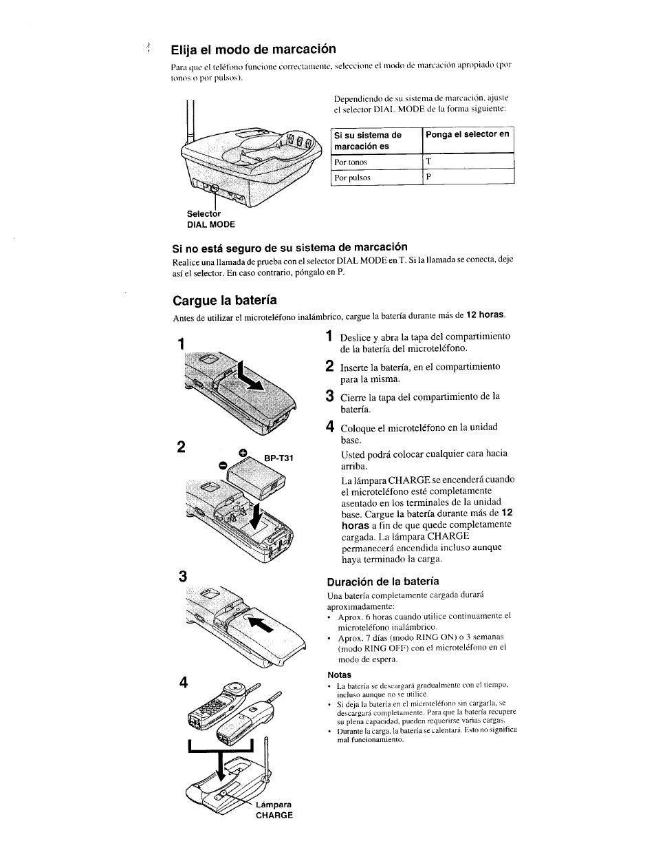 Elija el modo de marcación, Dial mode, Si no está seguro de su sistema de marcación | Cargue la batería, Duración de la batería, Notas | Sony SPP-S9000 User Manual | Page 22 / 29