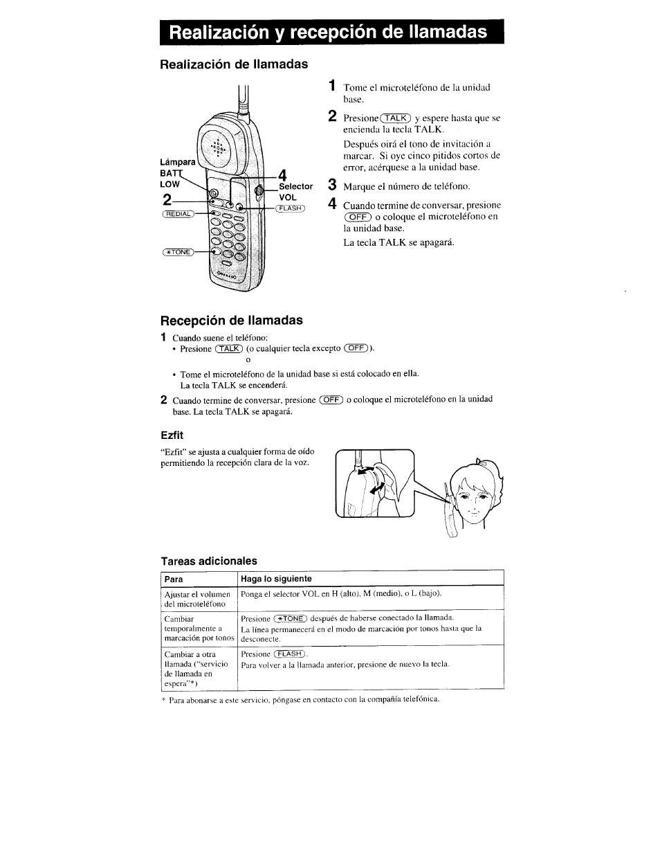 Realización de llamadas, Recepción de llamadas, Ezfit | Tareas adicionales, Realización y recepción de llamadas, Recepción de llamadas 1, Talk, Off)), Off) | Sony SPP-S9000 User Manual | Page 24 / 29