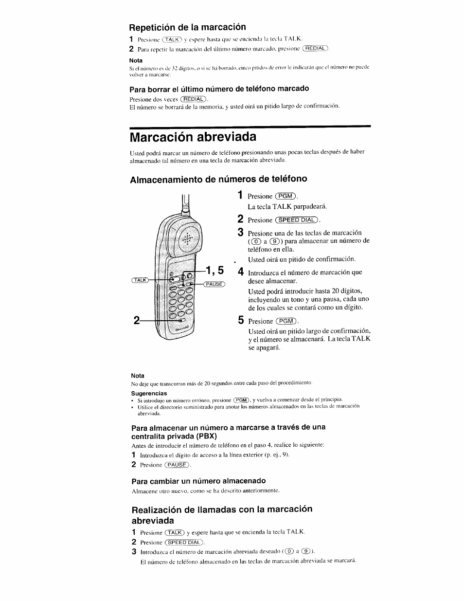 Repetición de la marcación, Nota, Para borrar el último número de teléfono marcado | Sugerencias, Para cambiar un número almacenado, Realización de llamadas con la marcación abreviada, Marcación abreviada, Almacenamiento de números de teléfono | Sony SPP-S9000 User Manual | Page 26 / 29