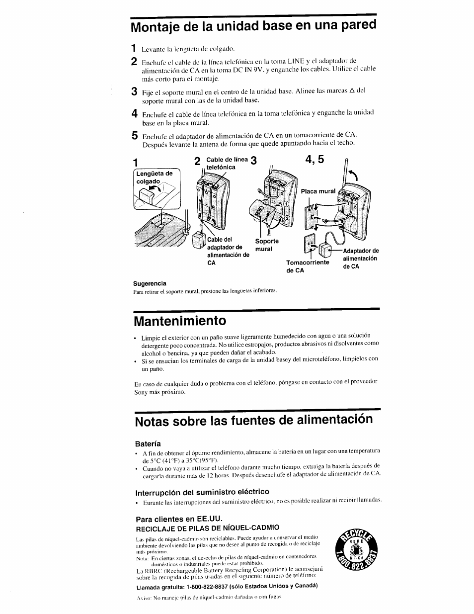 Batería, Interrupción del suministro eléctrico, Para clientes en ee.uu | Montaje de la unidad base en una pared, Mantenimiento, Notas sobre las fuentes de alimentación | Sony SPP-S9000 User Manual | Page 28 / 29