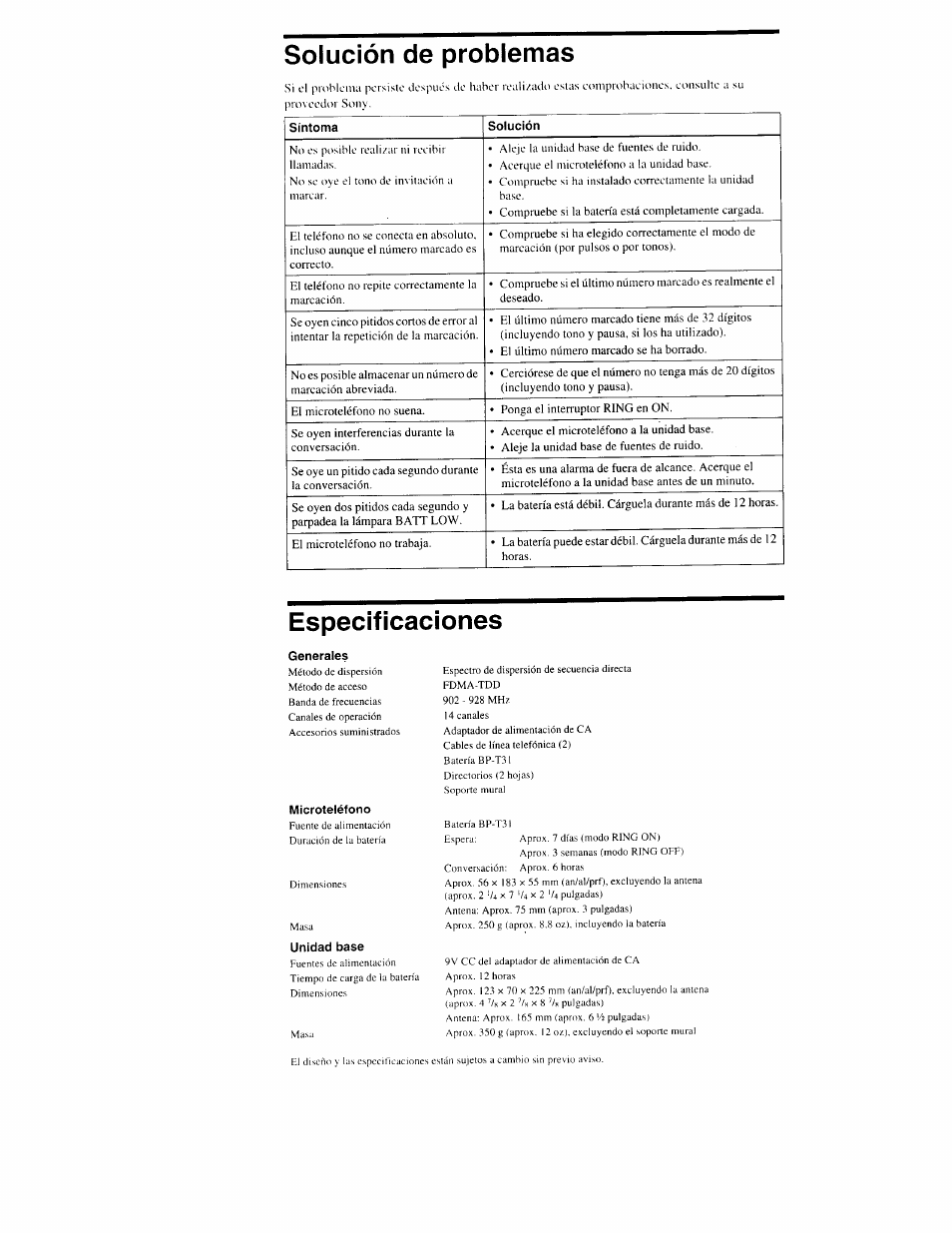 Generales, Unidad base, Solución de problemas | Especificaciones | Sony SPP-S9000 User Manual | Page 29 / 29