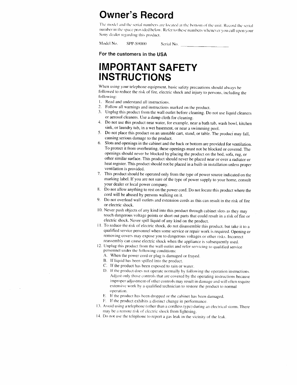 For the customers in the usa, Owner’s record, Important safety instructions | Sony SPP-S9000 User Manual | Page 3 / 29