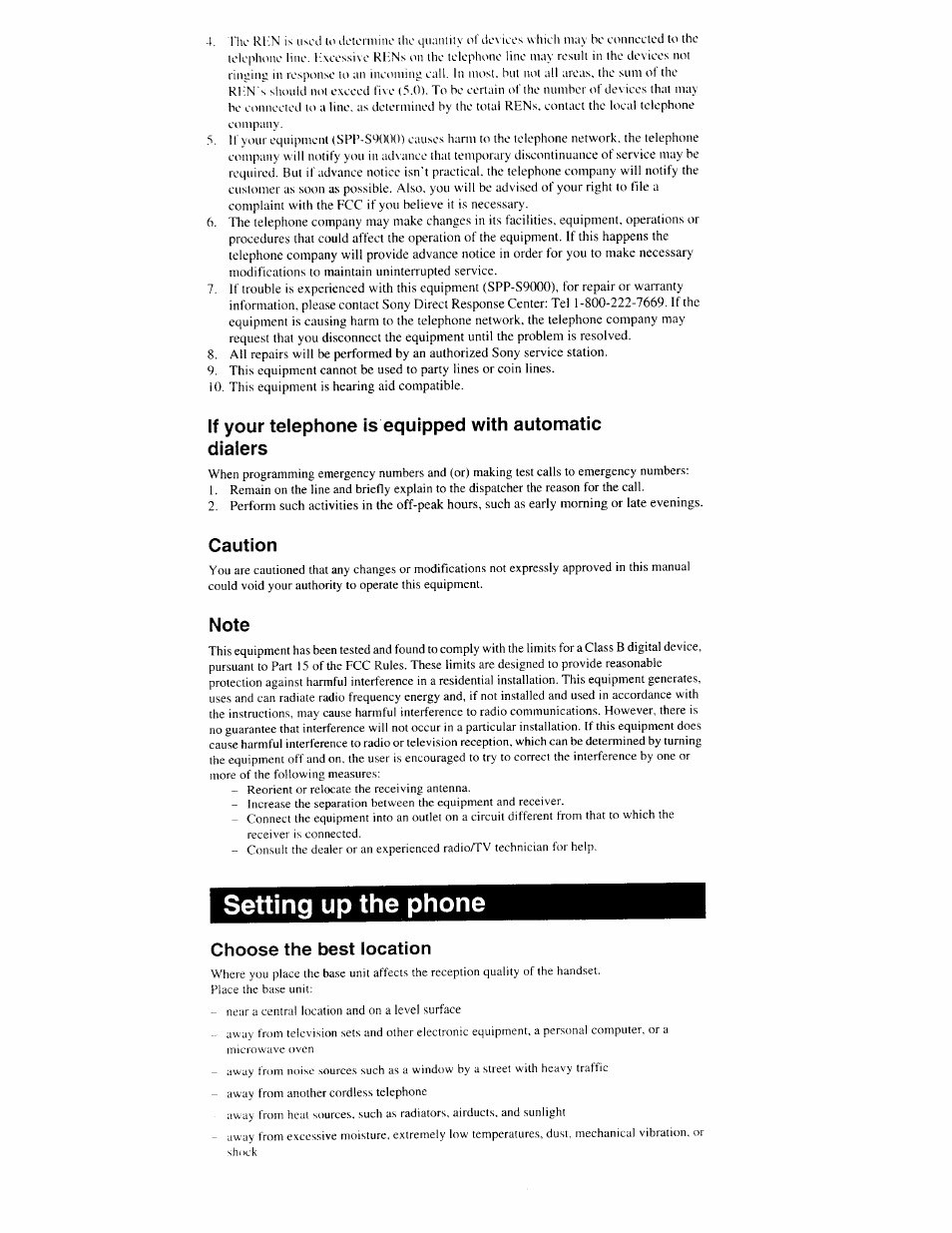 Caution, Note, Choose the best location | Setting up the phone | Sony SPP-S9000 User Manual | Page 5 / 29