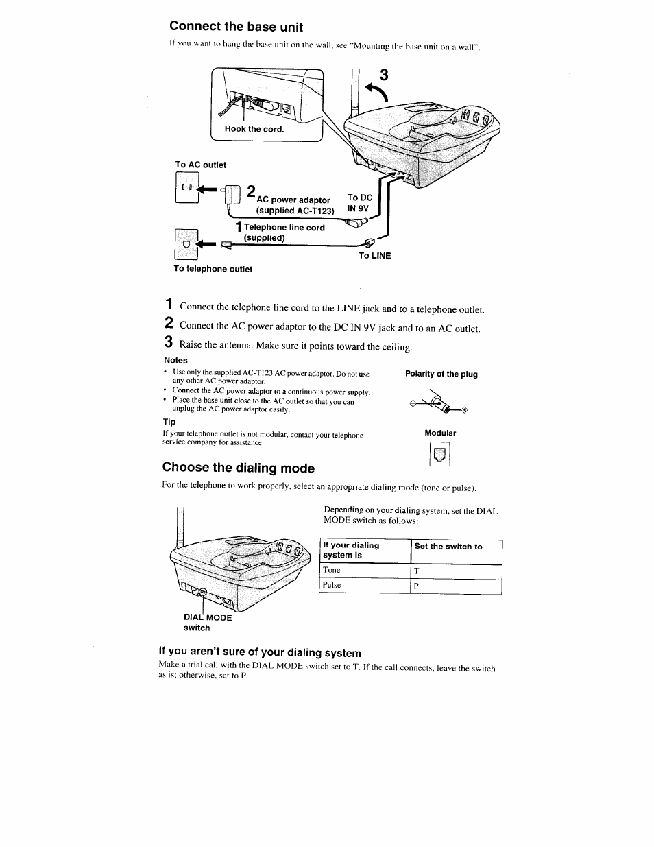 Connect the base unit, Notes, Choose the dialing mode | If you aren’t sure of your dialing system, Qchoose the dialing mode | Sony SPP-S9000 User Manual | Page 7 / 29