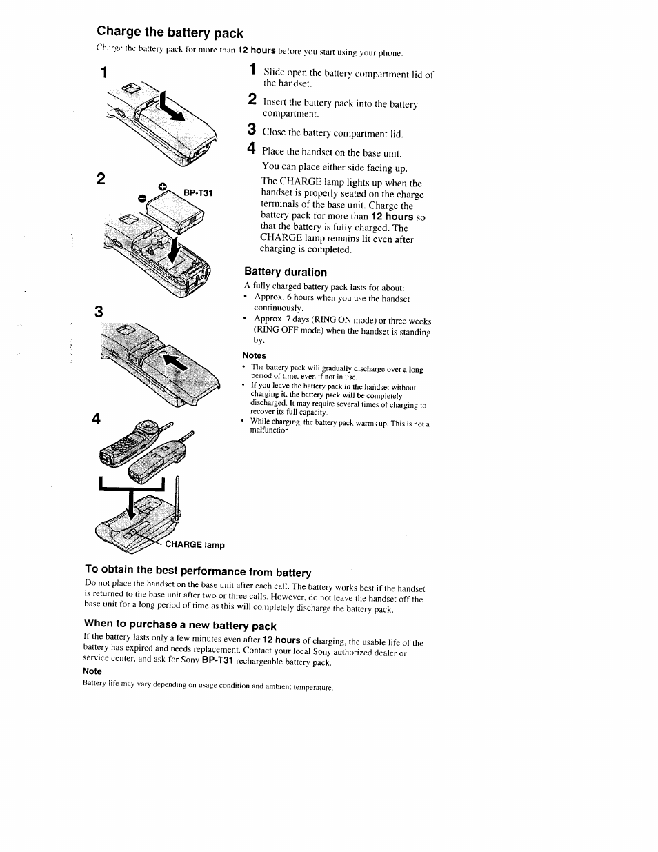 Charge the battery pack, Battery duration, Notes | To obtain the best performance from battery, When to purchase a new battery pack, Note | Sony SPP-S9000 User Manual | Page 8 / 29