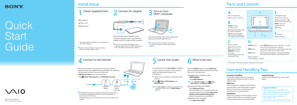 Quick start guide, Initial setup, Parts and controls care and handling tips | Check supplied items, Connect ac adapter, Turn on your vaio® computer, Connect to the internet, Locate user guide, What to do next | Sony SVT13114GXS User Manual | Page 2 / 2