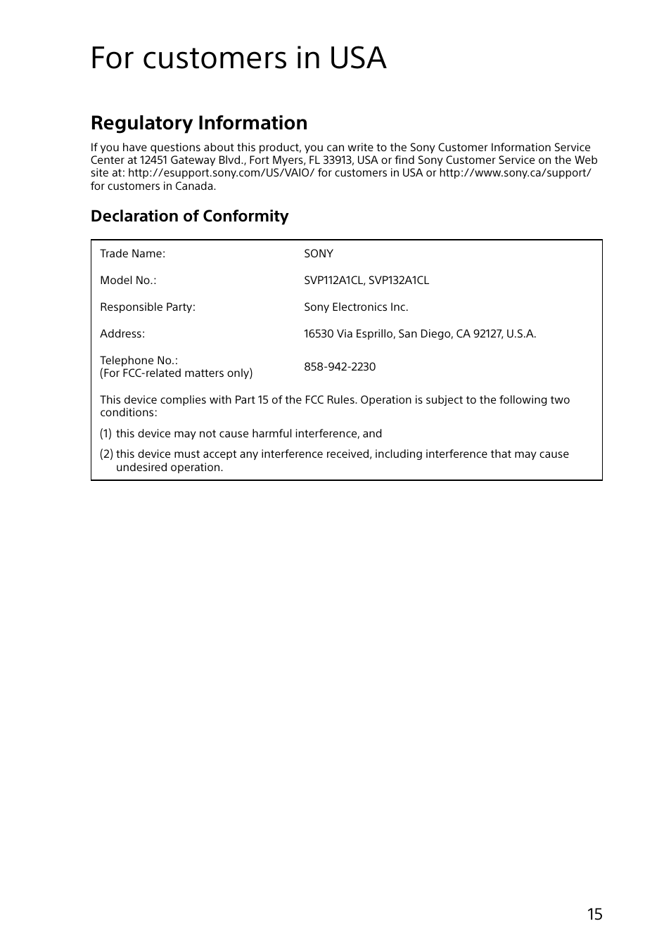 For customers in usa, Regulatory information, Declaration of conformity | Sony SVP112190X User Manual | Page 15 / 32