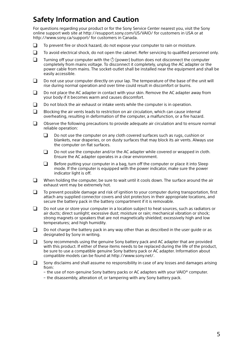 Safety information and caution | Sony SVP112190X User Manual | Page 5 / 32