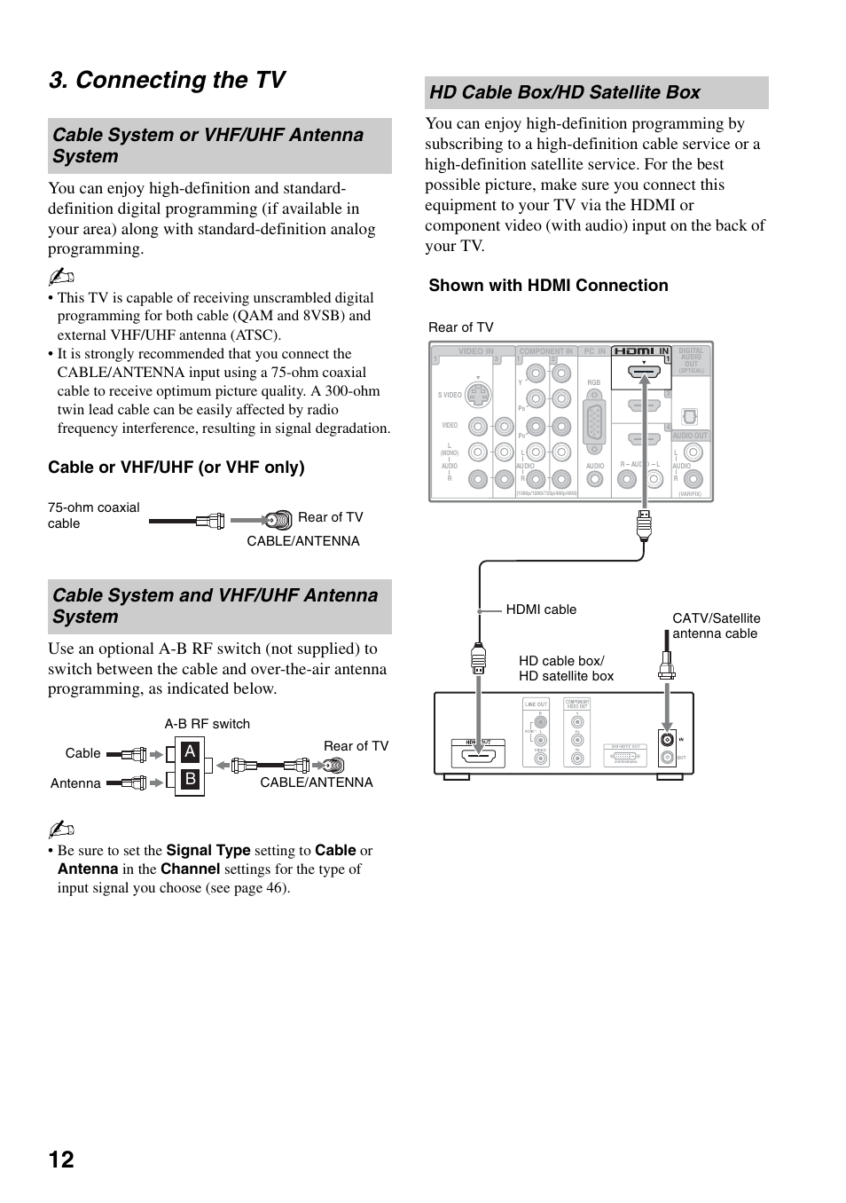 Connecting the tv, Cable system or vhf/uhf antenna system, Cable system and vhf/uhf antenna system | Hd cable box/hd satellite box, Cable system or vhf/uhf antenna, System, Cable system and vhf/uhf antenna, 12 3. connecting the tv, Shown with hdmi connection | Sony KDL-46XBR6 User Manual | Page 12 / 60