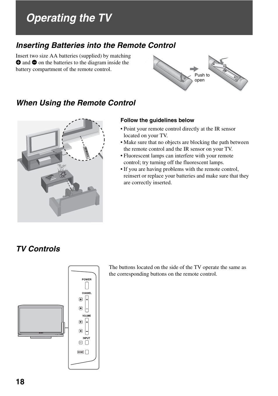 Operating the tv, Inserting batteries into the remote control, When using the remote control | Tv controls, When using the remote control tv controls | Sony KDL-46XBR6 User Manual | Page 18 / 60