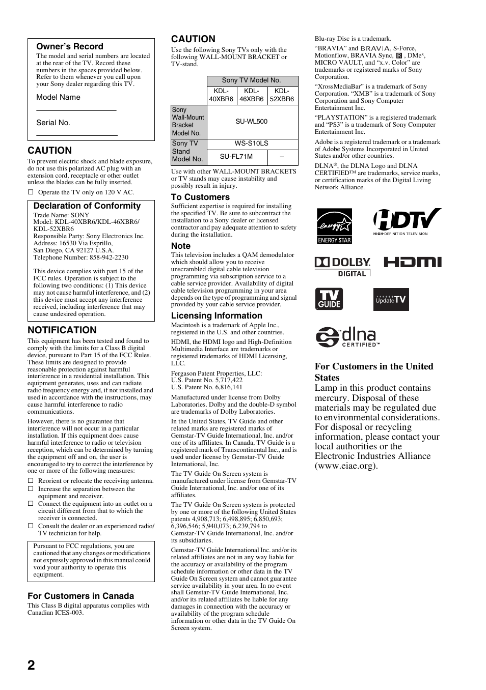 Caution, Notification | Sony KDL-46XBR6 User Manual | Page 2 / 60