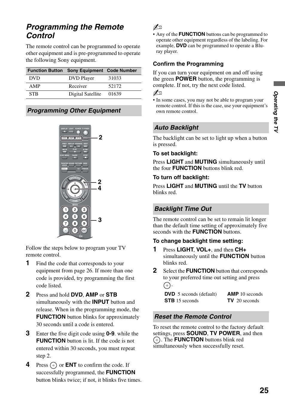 Programming the remote control, Programming other equipment, Auto backlight | Backlight time out, Reset the remote control, 23 2 4 auto backlight backlight time out | Sony KDL-46XBR6 User Manual | Page 25 / 60