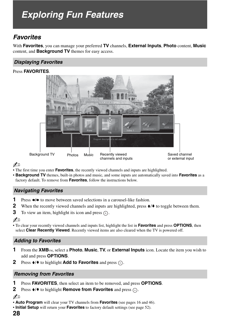 Exploring fun features, Favorites, Displaying favorites | Navigating favorites, Adding to favorites, Removing from favorites, Ge 28 f | Sony KDL-46XBR6 User Manual | Page 28 / 60