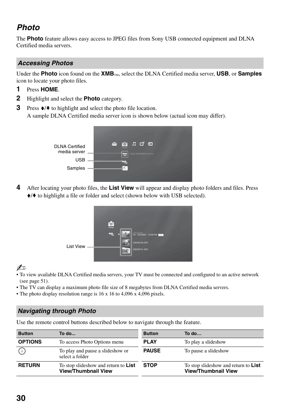 Photo, Accessing photos, Navigating through photo | Accessing photos navigating through photo, 30). s, 30 photo | Sony KDL-46XBR6 User Manual | Page 30 / 60