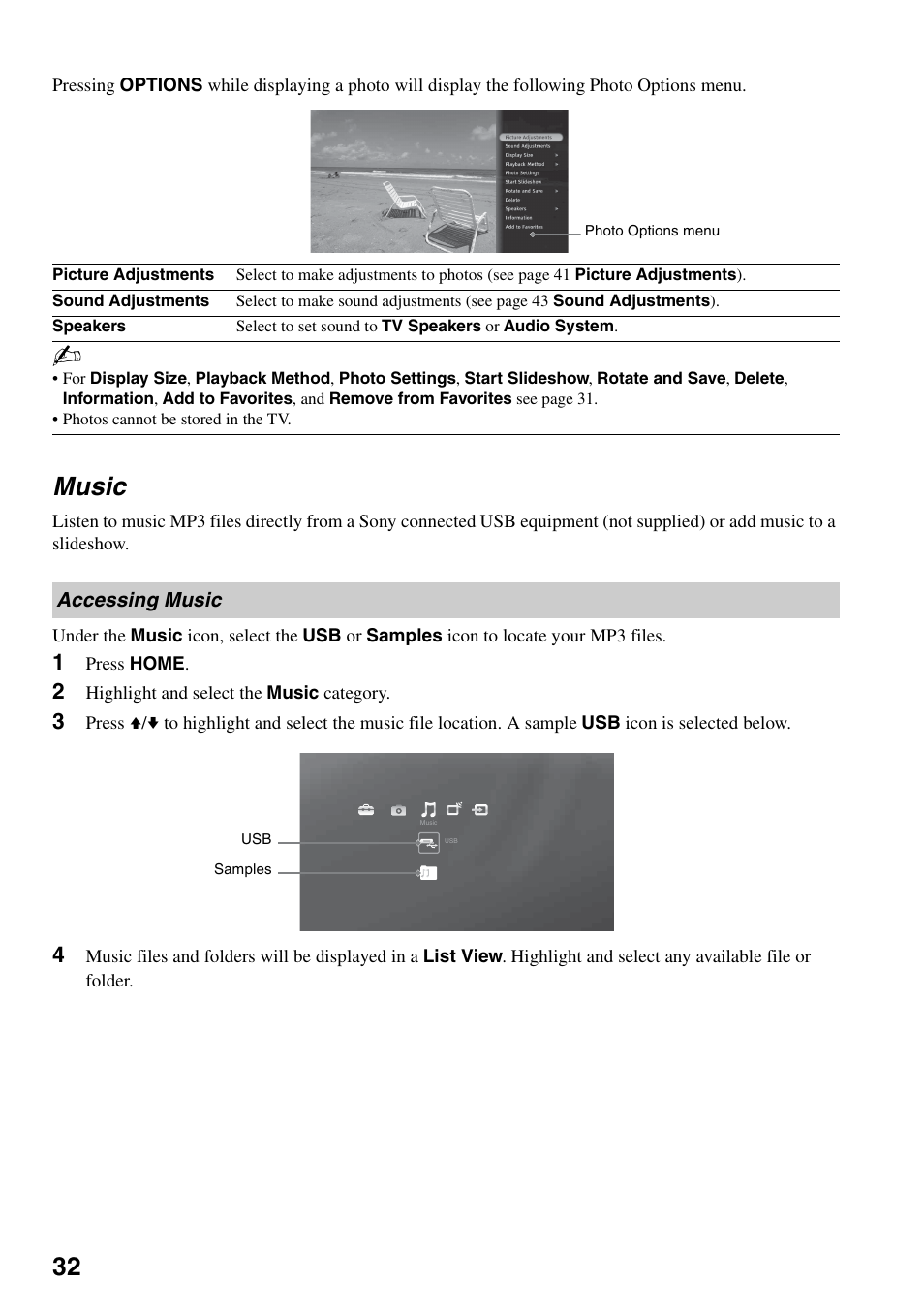 Music, Accessing music | Sony KDL-46XBR6 User Manual | Page 32 / 60