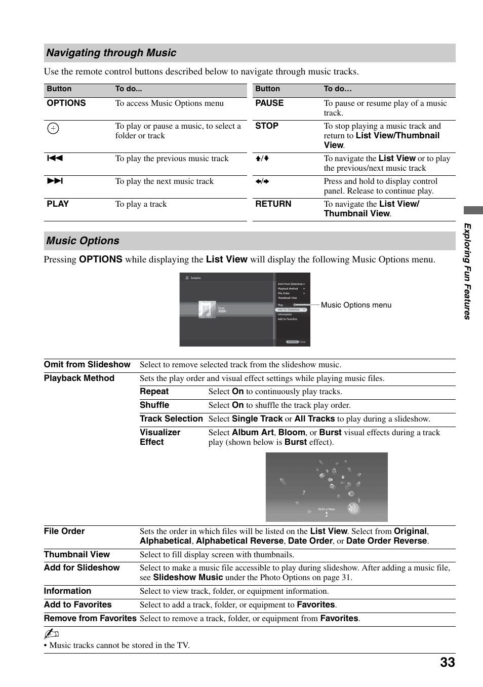 Navigating through music, Music options, Navigating through music music options | Sony KDL-46XBR6 User Manual | Page 33 / 60