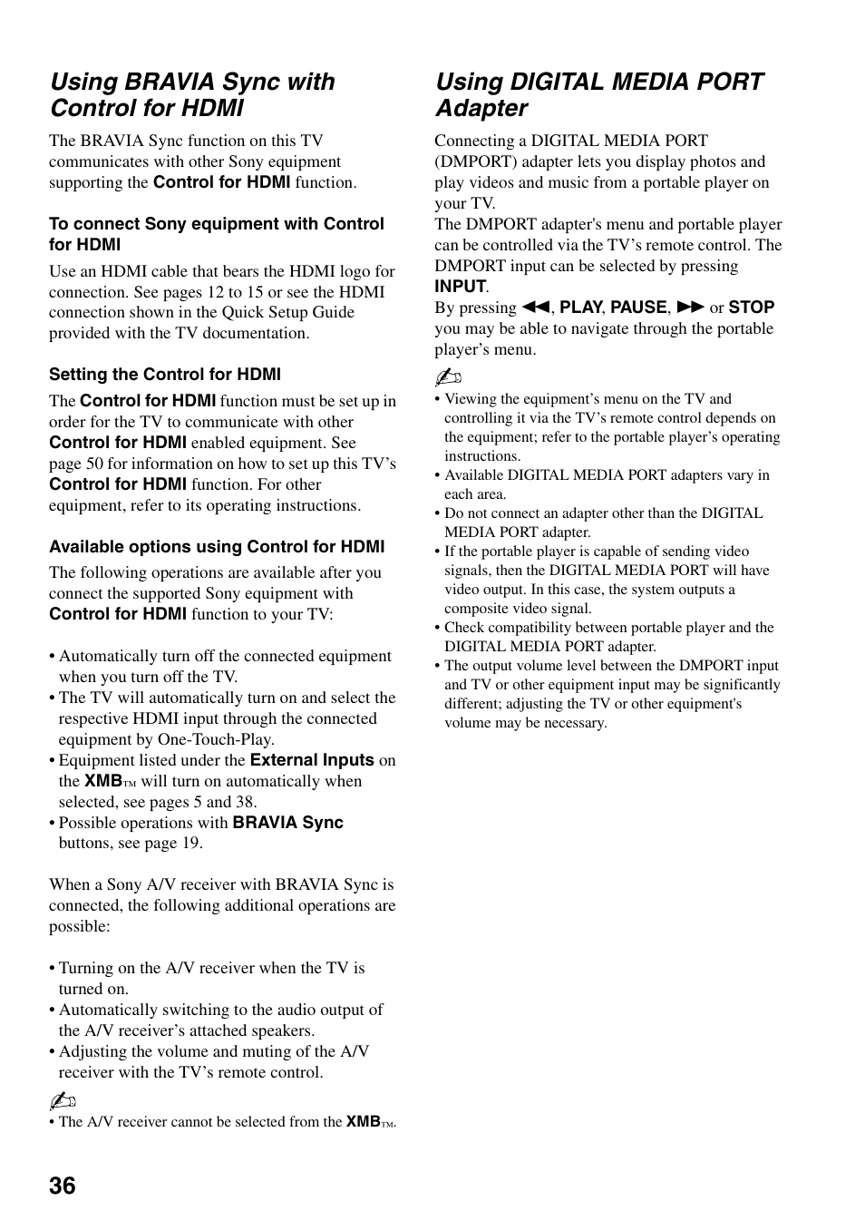 Using bravia sync with control for hdmi, Using digital media port adapter, 36 using bravia sync with control for hdmi | Sony KDL-46XBR6 User Manual | Page 36 / 60
