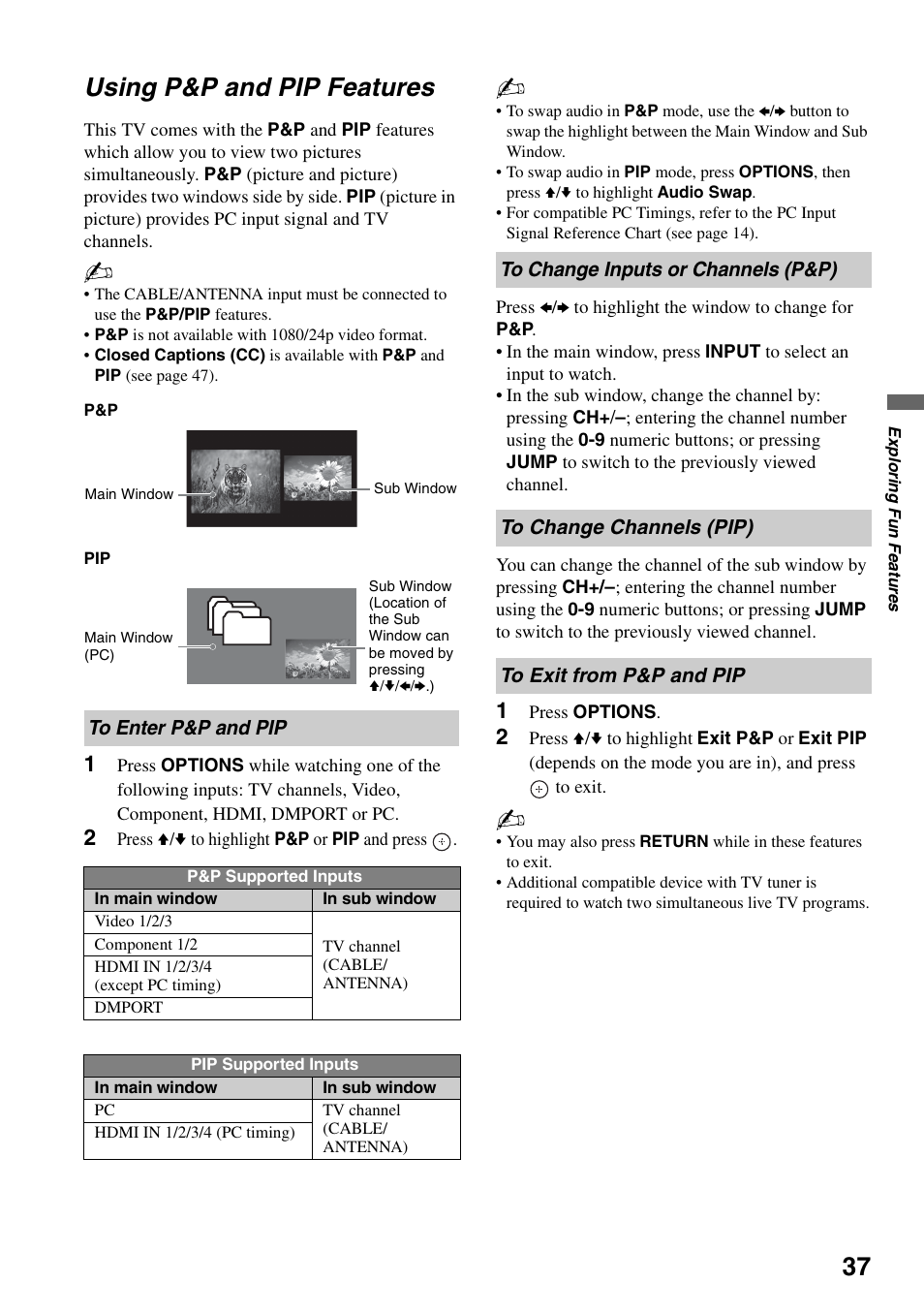 Using p&p and pip features, To enter p&p and pip, To change inputs or channels (p&p) | To change channels (pip), To exit from p&p and pip | Sony KDL-46XBR6 User Manual | Page 37 / 60