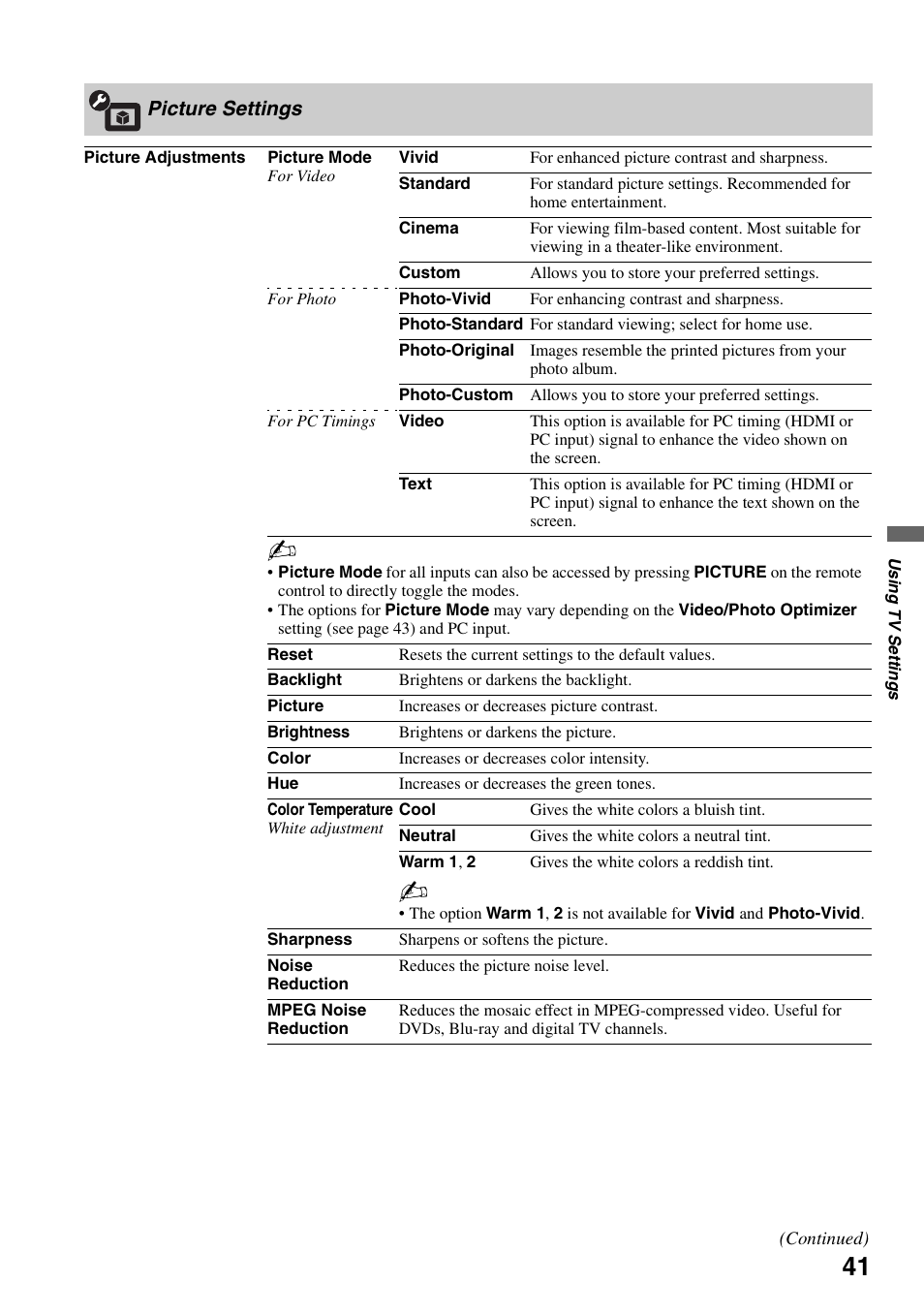 Picture settings | Sony KDL-46XBR6 User Manual | Page 41 / 60