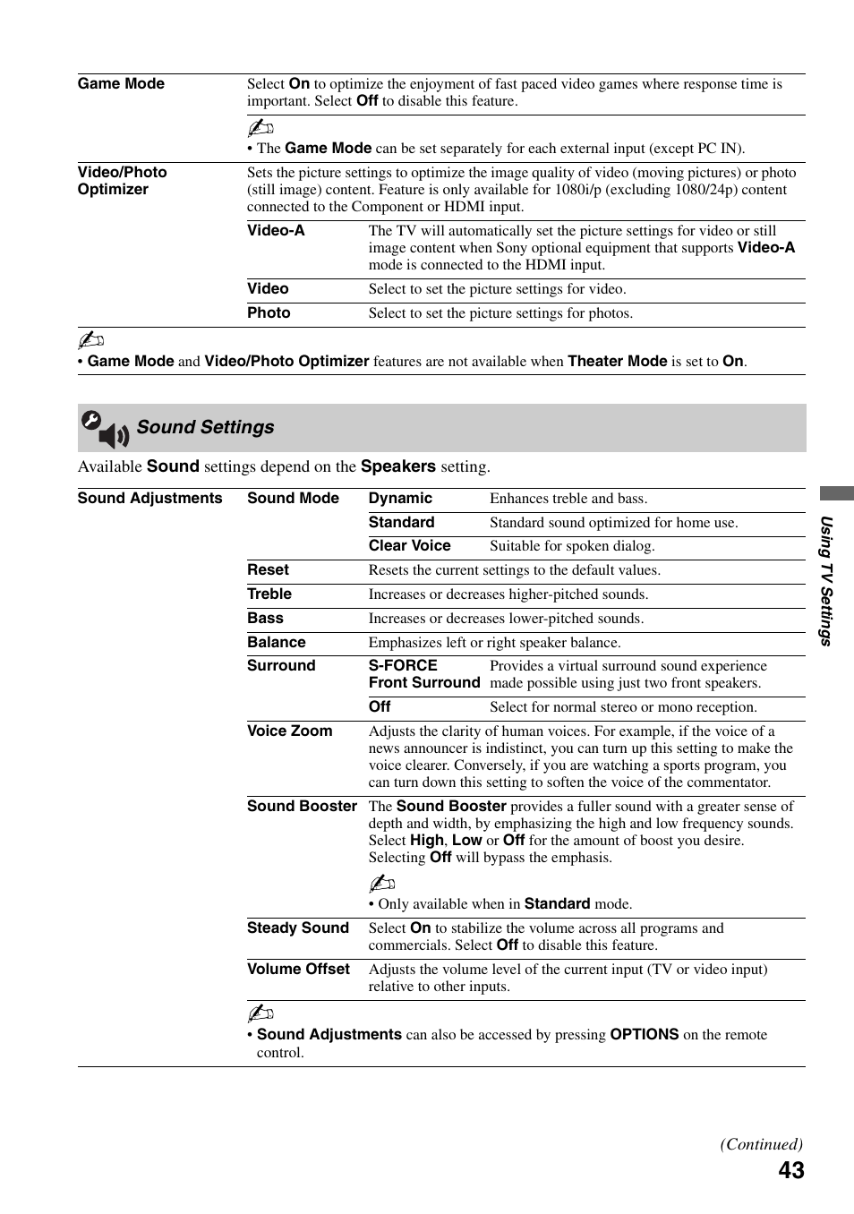 Sound settings | Sony KDL-46XBR6 User Manual | Page 43 / 60