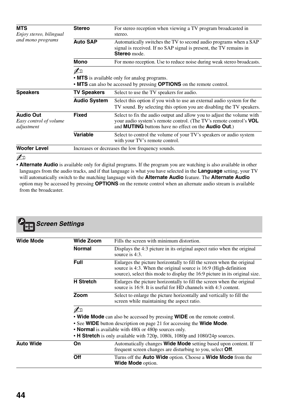 Screen settings | Sony KDL-46XBR6 User Manual | Page 44 / 60