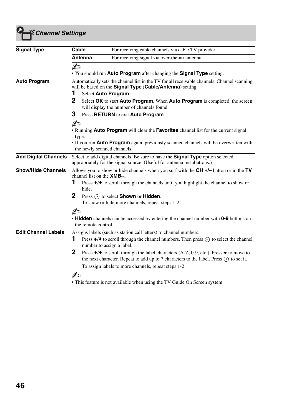 Channel settings | Sony KDL-46XBR6 User Manual | Page 46 / 60