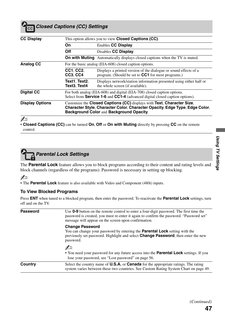 Closed captions (cc) settings, Parental lock settings | Sony KDL-46XBR6 User Manual | Page 47 / 60