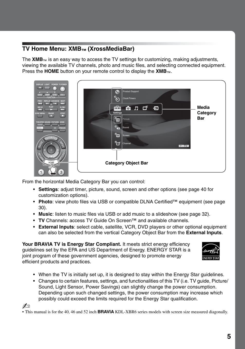 Tv home menu: xmb™ (xrossmediabar), Tv home menu: xmb, Xrossmediabar) | The xmb, Category object bar media category bar | Sony KDL-46XBR6 User Manual | Page 5 / 60