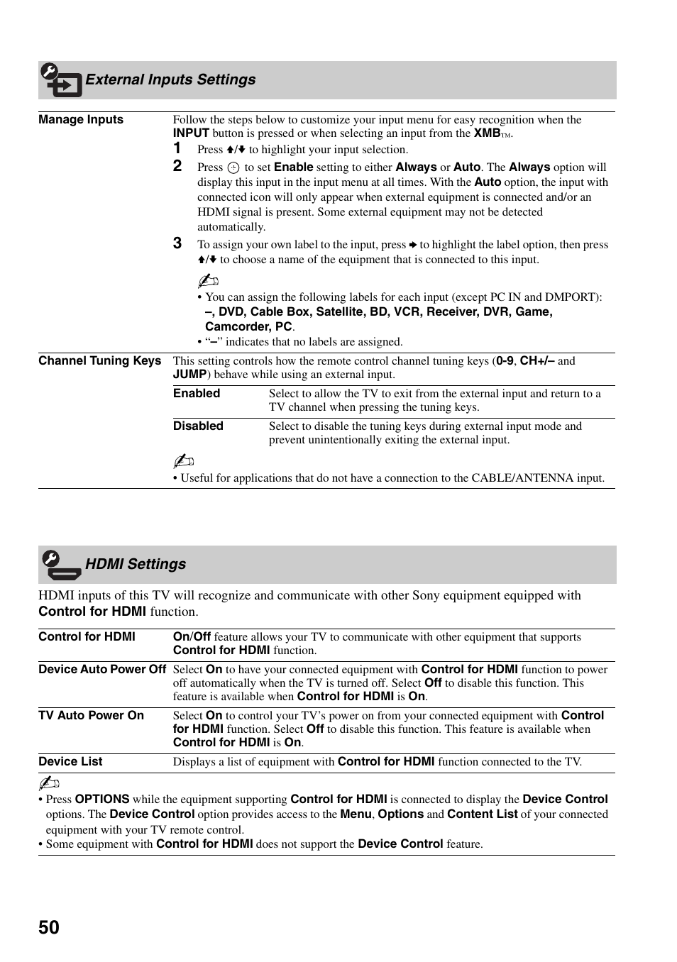 External inputs settings, Hdmi settings, External inputs settings hdmi settings | Sony KDL-46XBR6 User Manual | Page 50 / 60