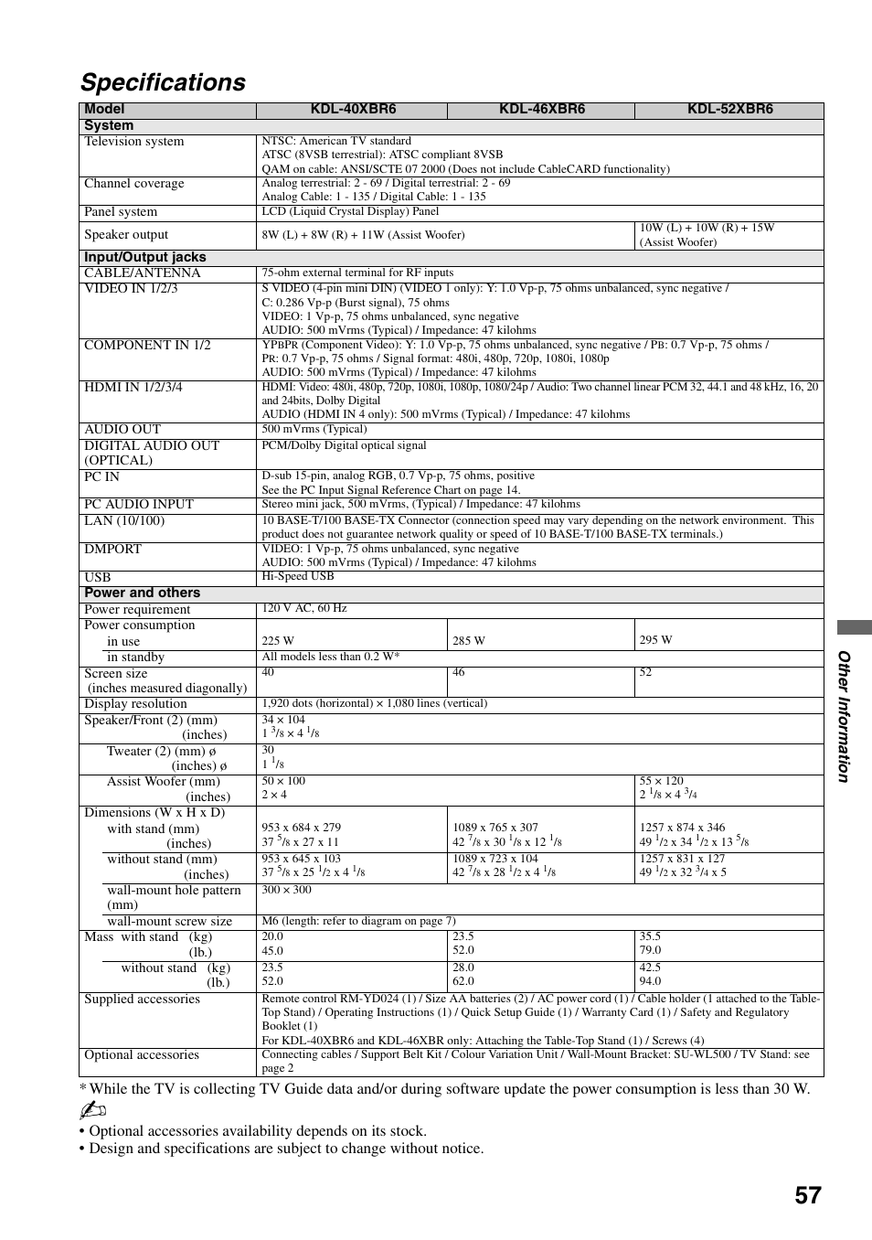 Specifications, Othe r inform a tio n | Sony KDL-46XBR6 User Manual | Page 57 / 60