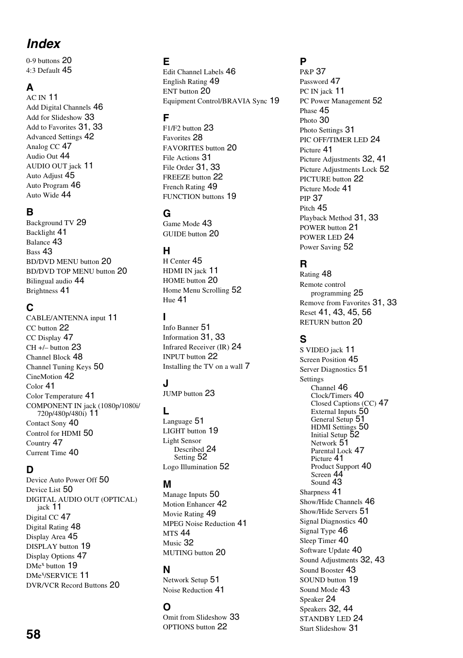 Index, 58 index | Sony KDL-46XBR6 User Manual | Page 58 / 60