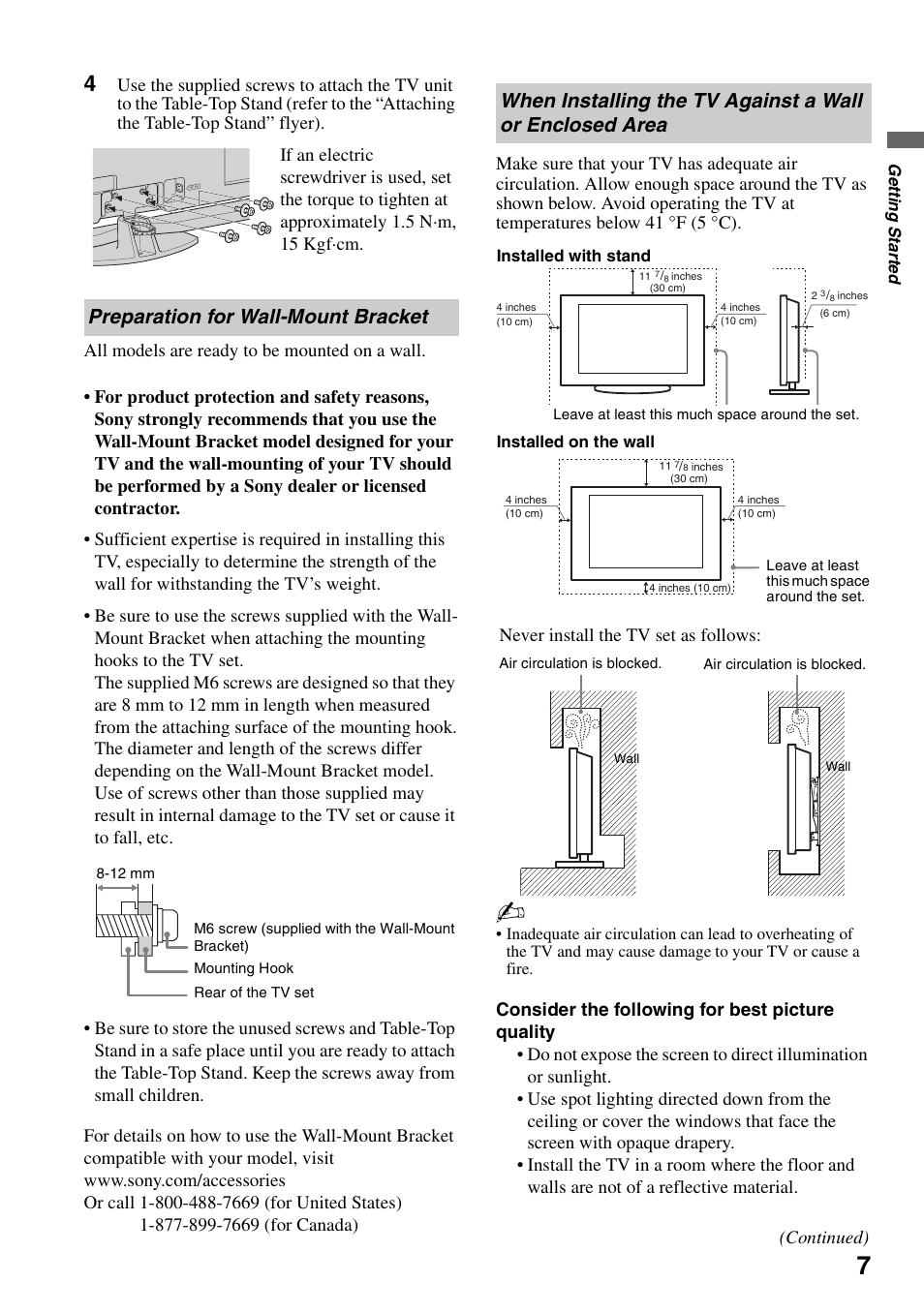 Preparation for wall-mount bracket, Enclosed area, Never install the tv set as follows | Continued) | Sony KDL-46XBR6 User Manual | Page 7 / 60