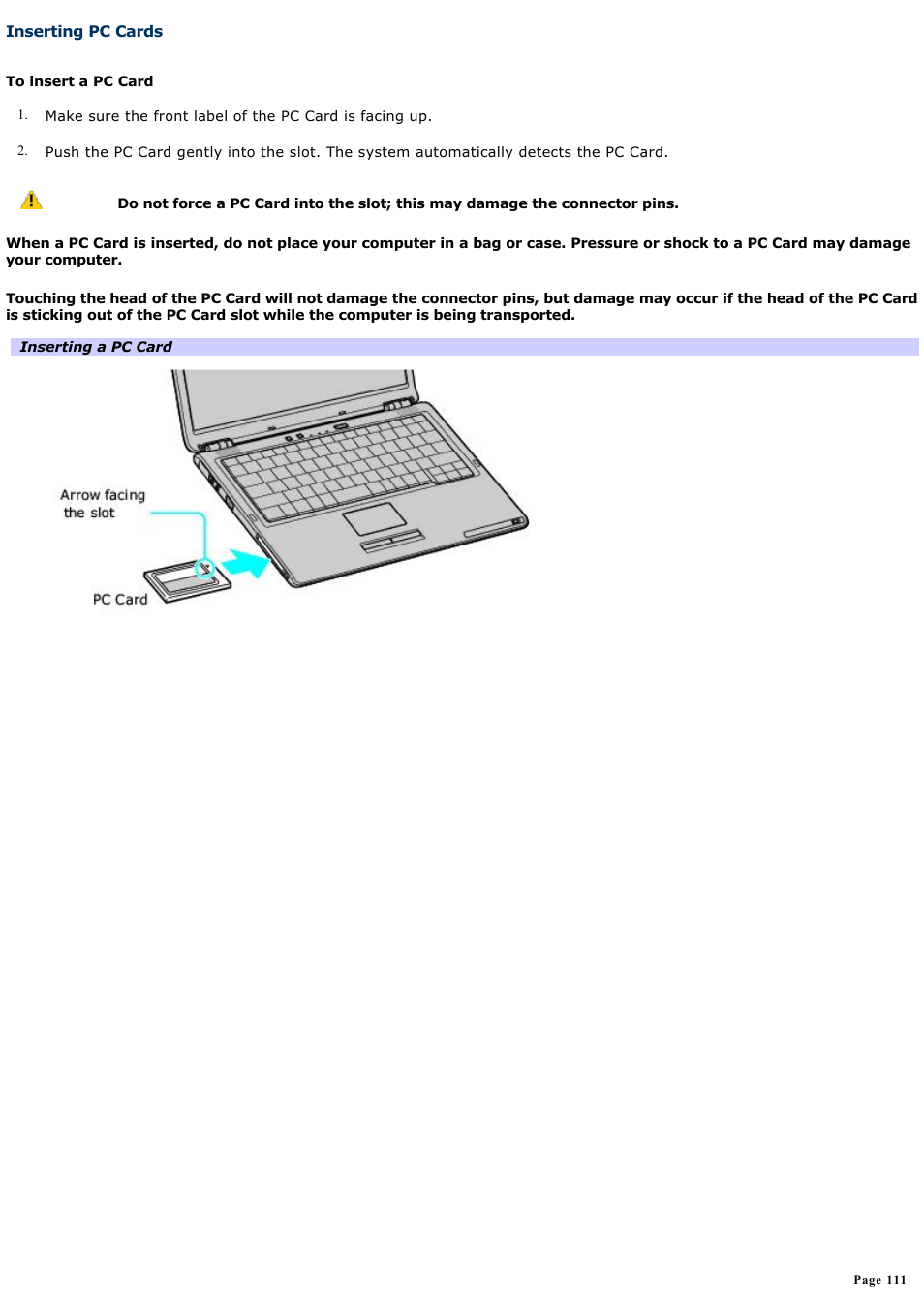 Inserting pc cards | Sony VGN-S170P User Manual | Page 111 / 228