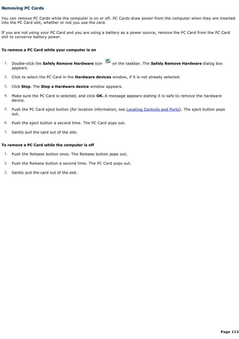 Removing pc cards | Sony VGN-S170P User Manual | Page 112 / 228