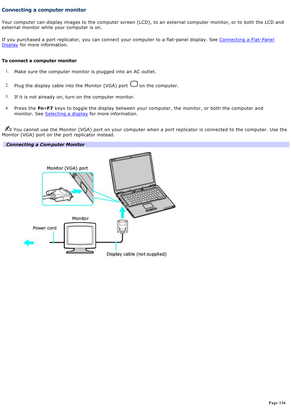 Connecting a computer monitor | Sony VGN-S170P User Manual | Page 126 / 228