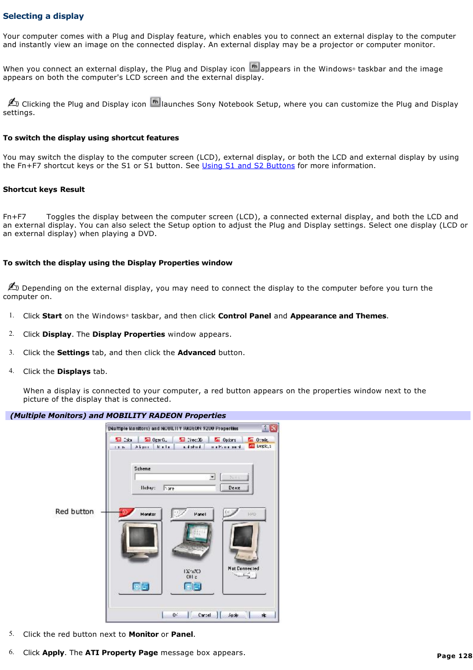 Selecting a display, And flat-panel display. see, For more information | Selecting, A display | Sony VGN-S170P User Manual | Page 128 / 228