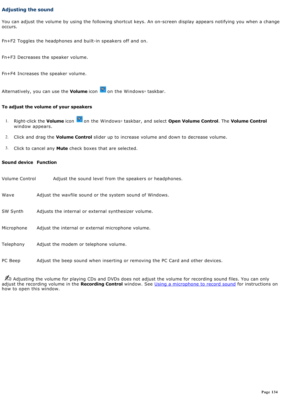 Adjusting the sound | Sony VGN-S170P User Manual | Page 134 / 228