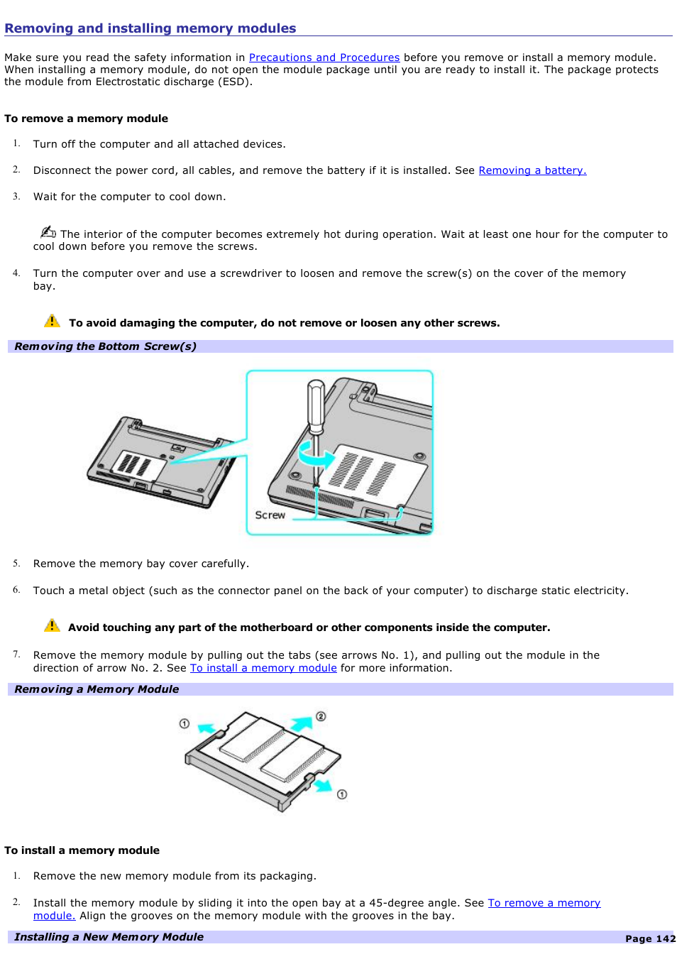 Removing and installing memory modules | Sony VGN-S170P User Manual | Page 142 / 228