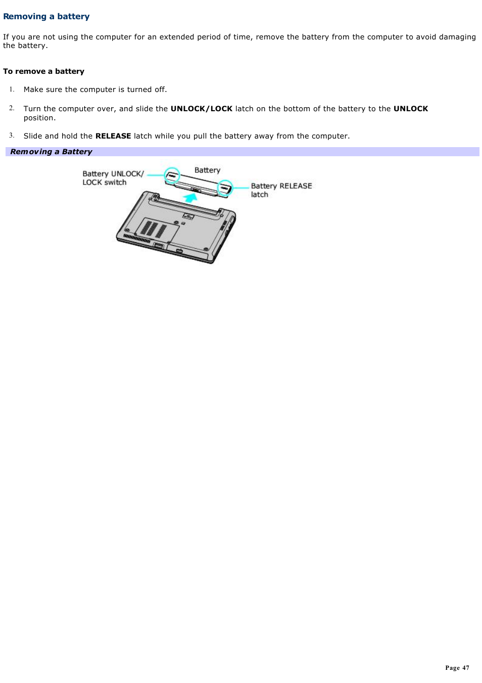 Removing a battery | Sony VGN-S170P User Manual | Page 47 / 228