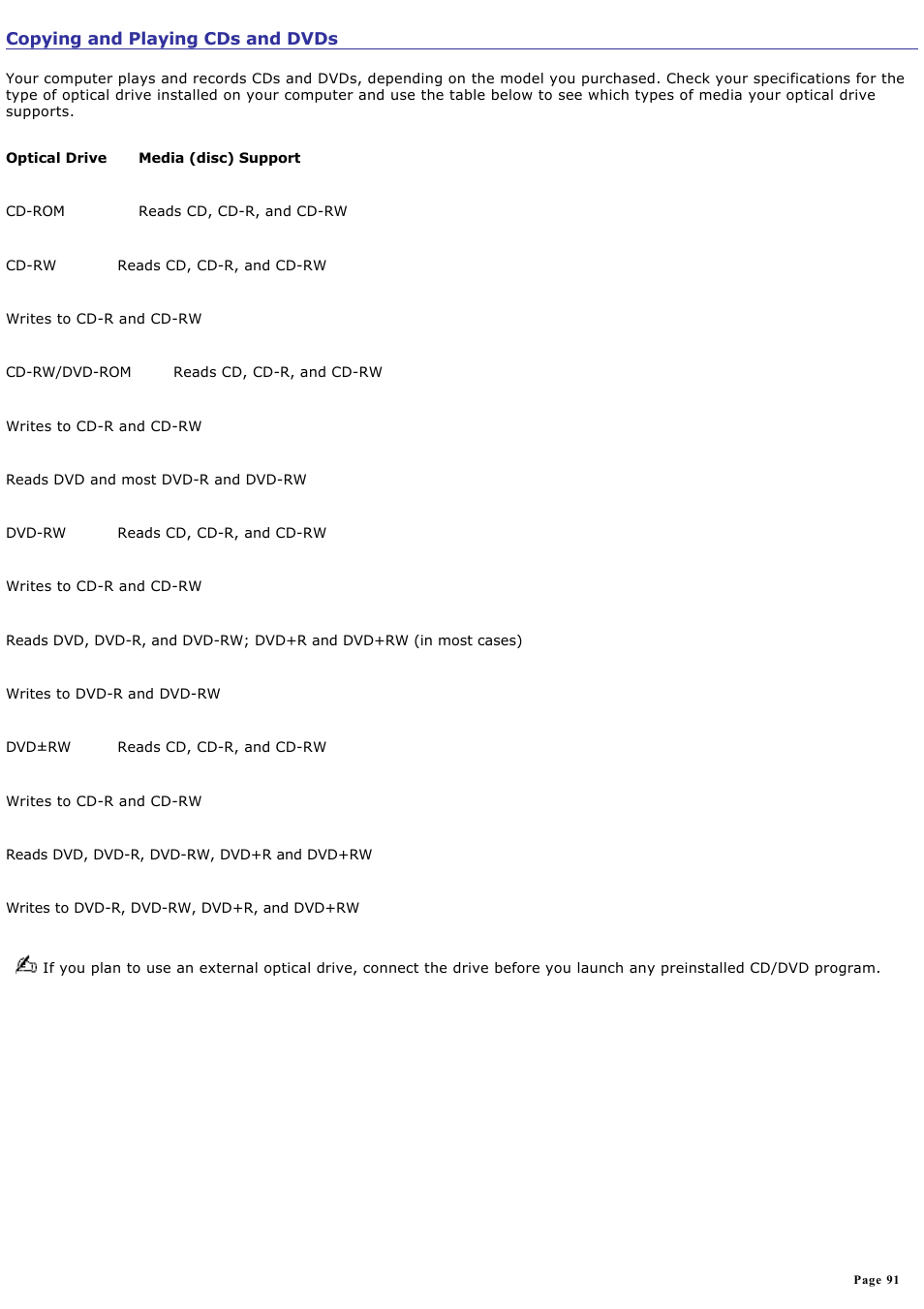 Copying and playing cds and dvds | Sony VGN-S170P User Manual | Page 91 / 228