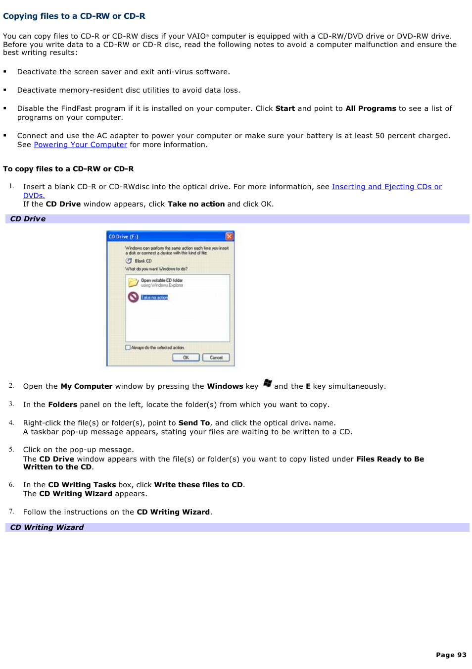 Copying files to a cd-rw or cd-r | Sony VGN-S170P User Manual | Page 93 / 228